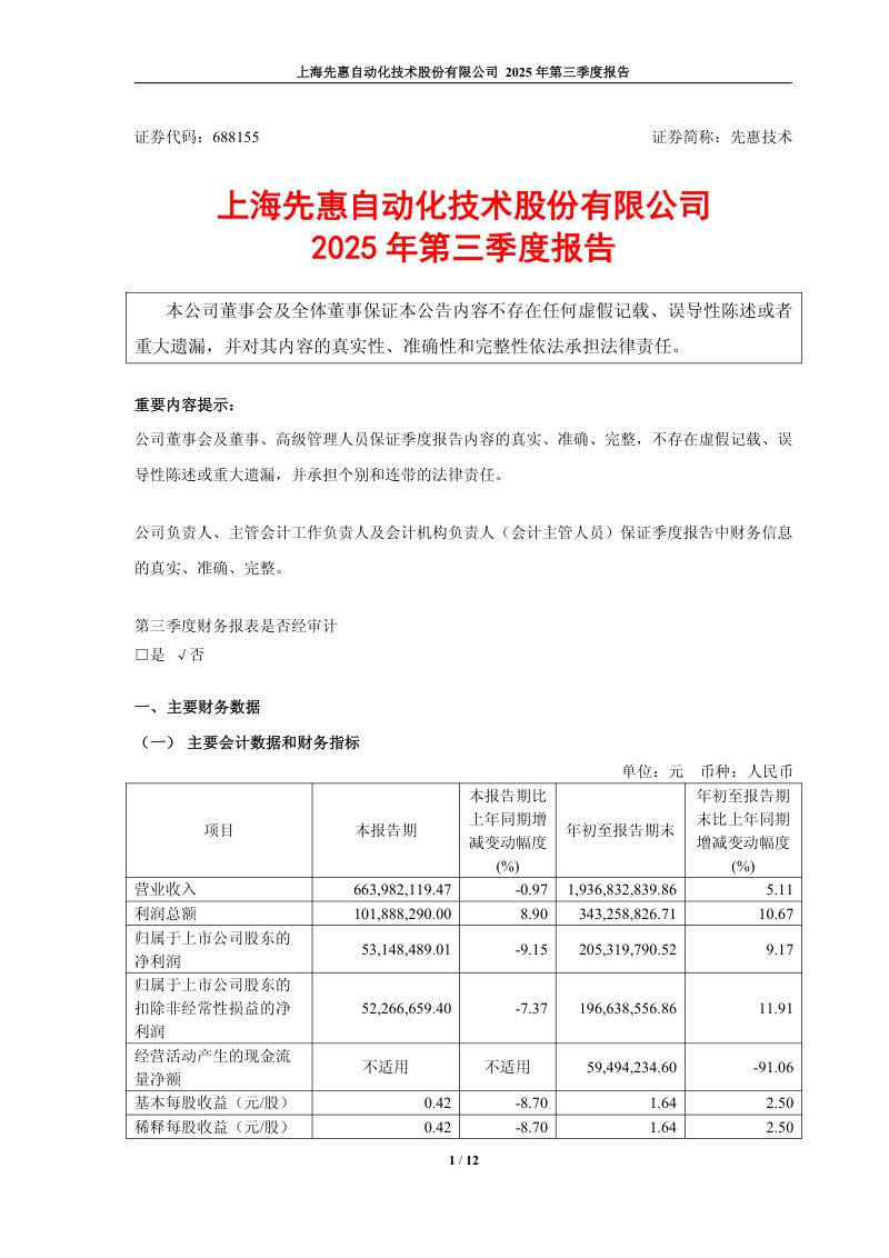 先惠技术:2025年第三季度报告