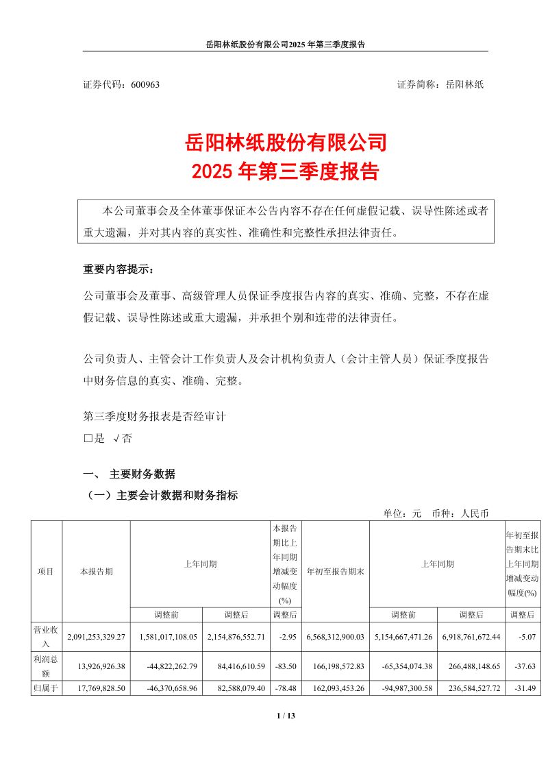 岳阳林纸:2025年第三季度报告