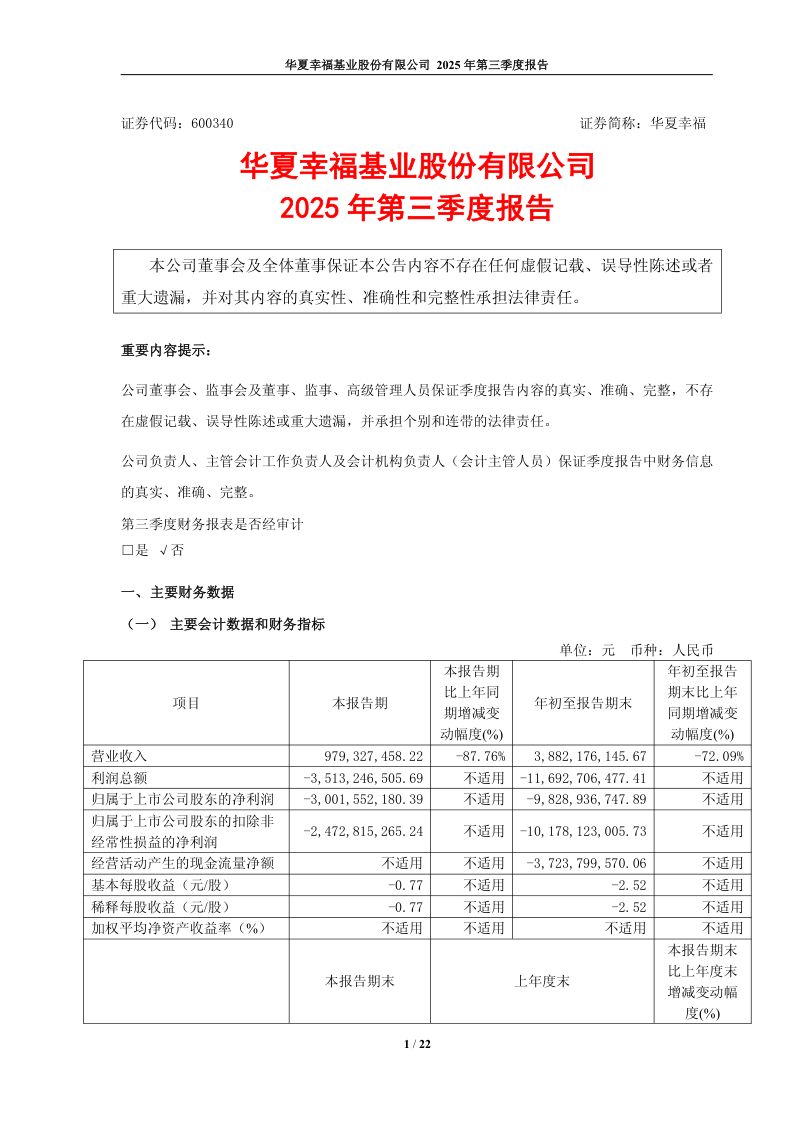 华夏幸福:2025年第三季度报告