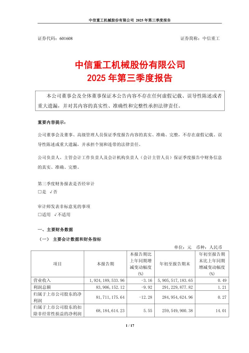 中信重工:2025年第三季度报告