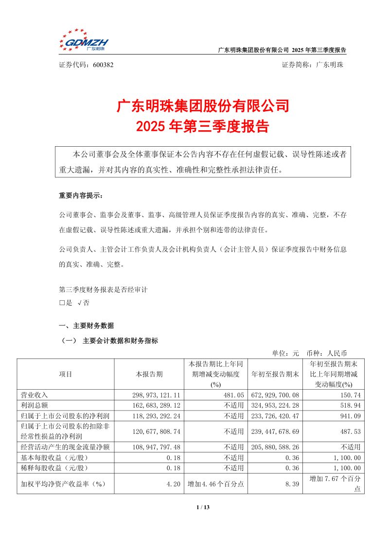 广东明珠:2025年第三季度报告
