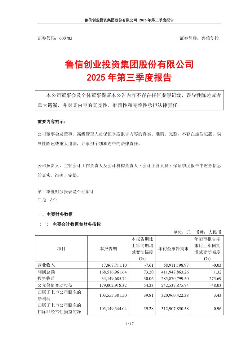 鲁信创投:2025年第三季度报告