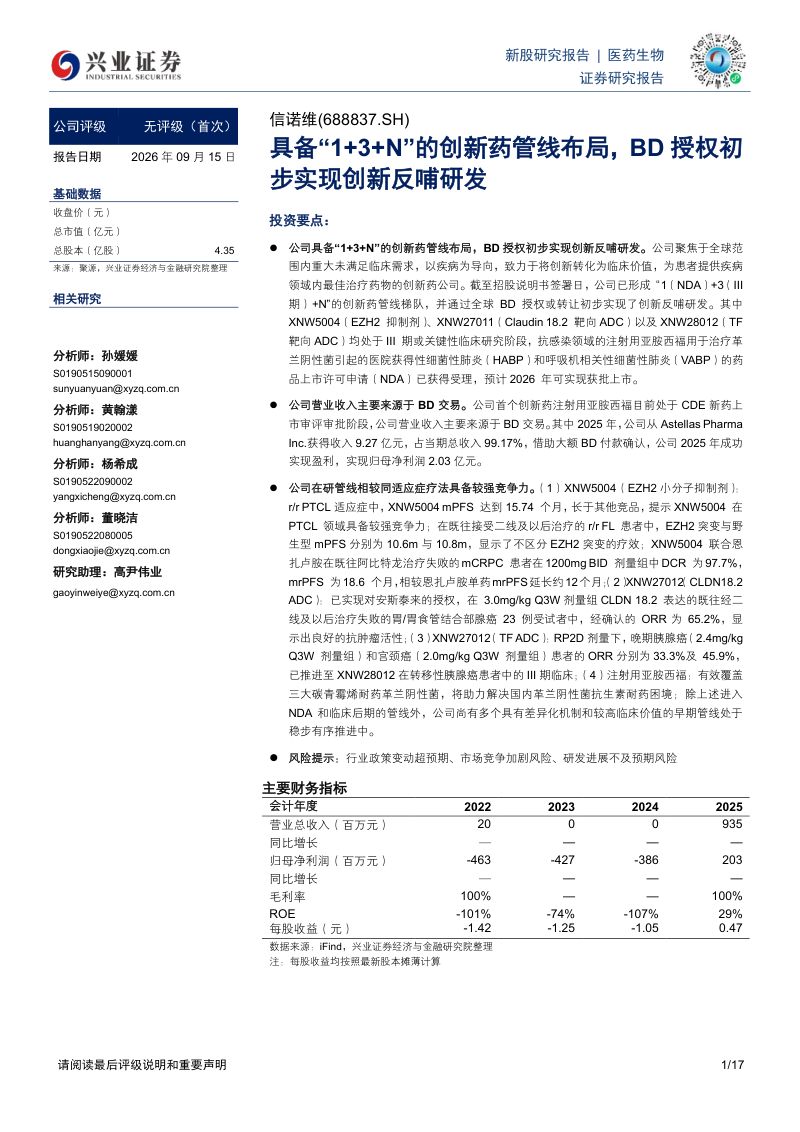 【兴业证券】C信诺维(688837)-信诺维:具备“1+3+N”的创新药管线布局BD授权初步实现创新反哺研发-260916