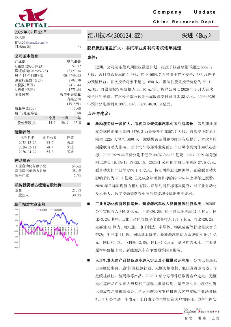 【群益证券(香港)】汇川技术(300124)-――股权激励覆盖扩大非汽车业务利润考核逐年提速-260923