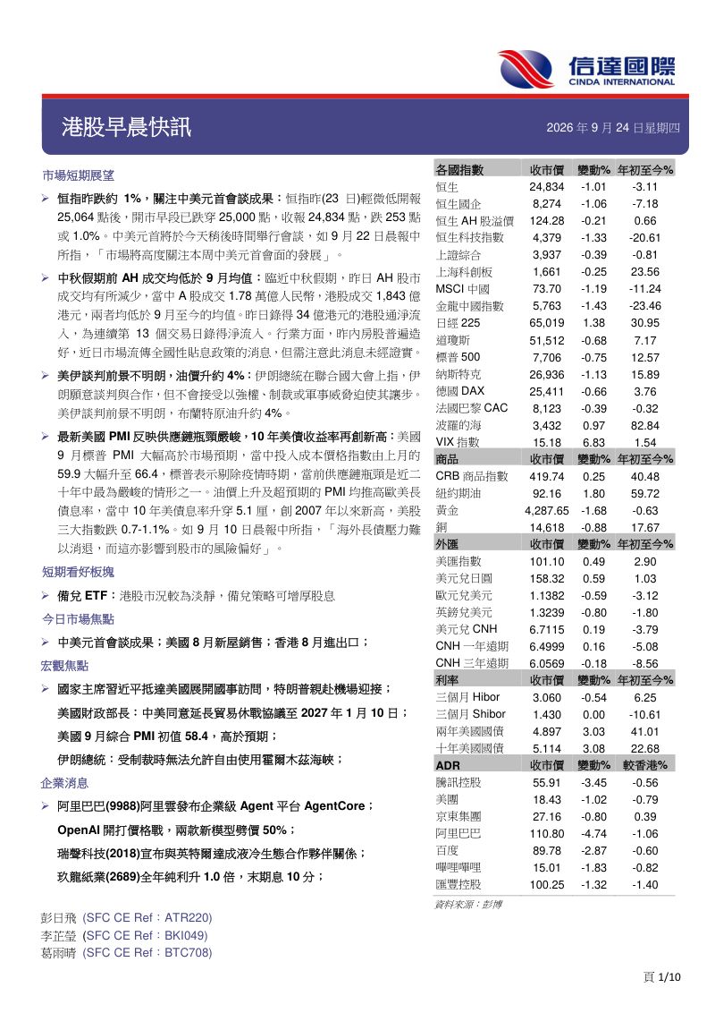 【信达国际】港股早晨快讯-260924