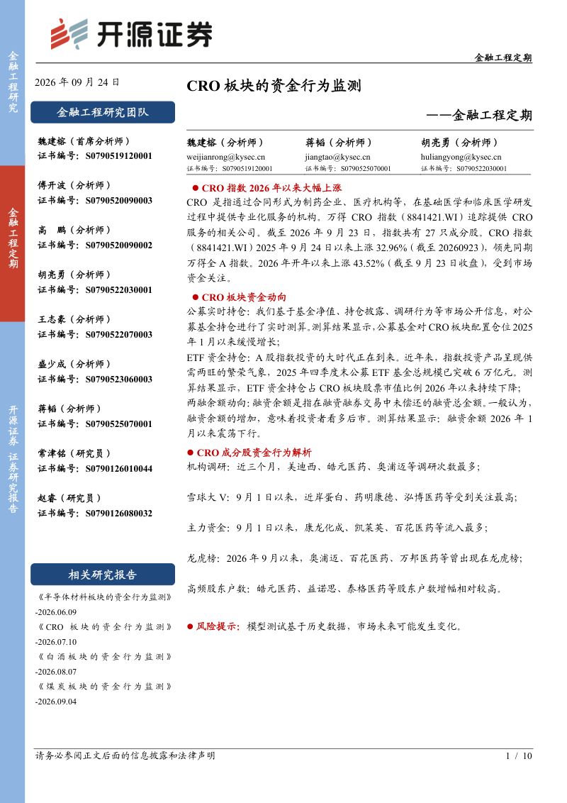 【开源证券】金融工程定期:CRO板块的资金行为监测-260924