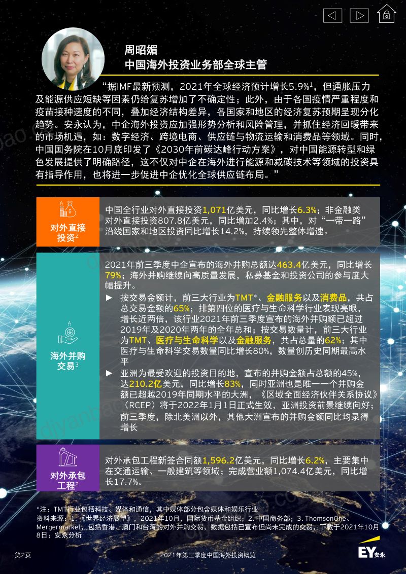 安永:2021年前三季度中国海外投资概览-全球经济复苏仍存不确定性医疗与生命科学行业海外并购表现亮眼(18页) 第2页