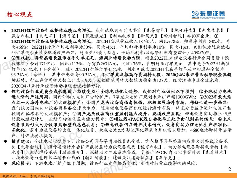 锂电设备行业2022年中报总结:2022H1业绩高增关注锂电设备商受益于国内外动力电池厂大规模扩产+规模效应下盈利能力提升-220913(39页) 第2页
