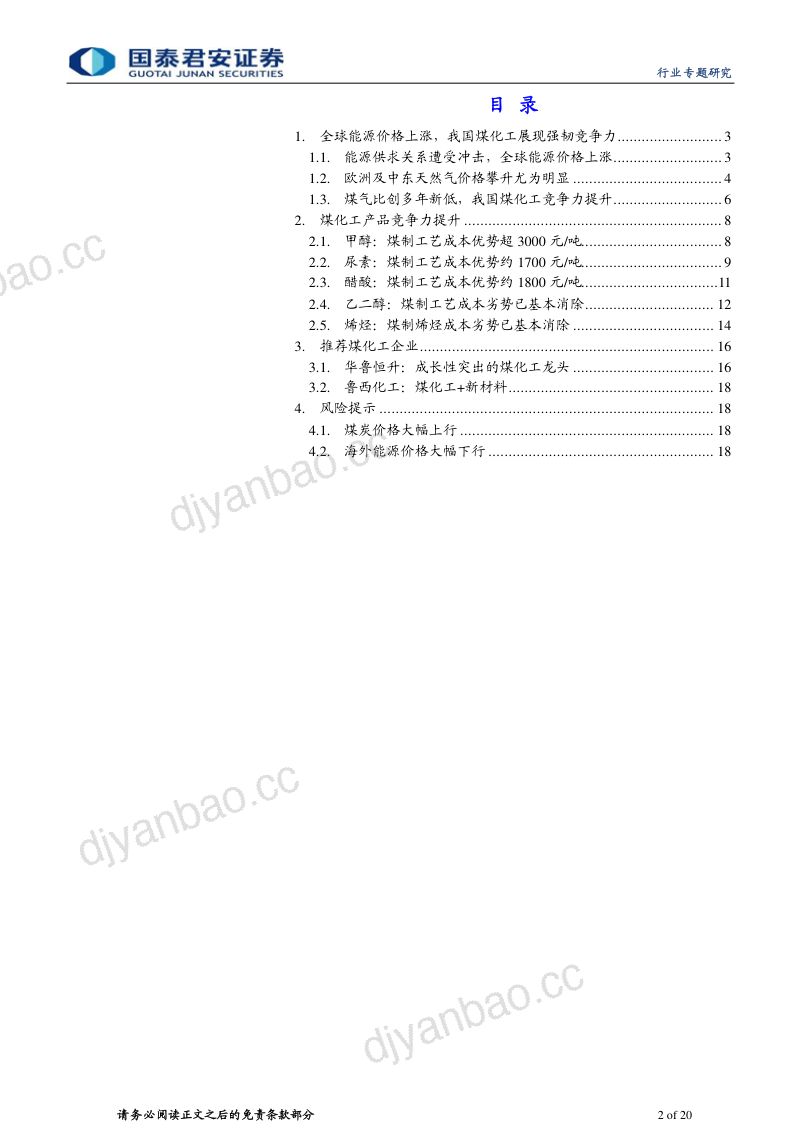 基础化工行业煤化工专题研究:高能源价格下的竞争优势-220328(20页) 第2页