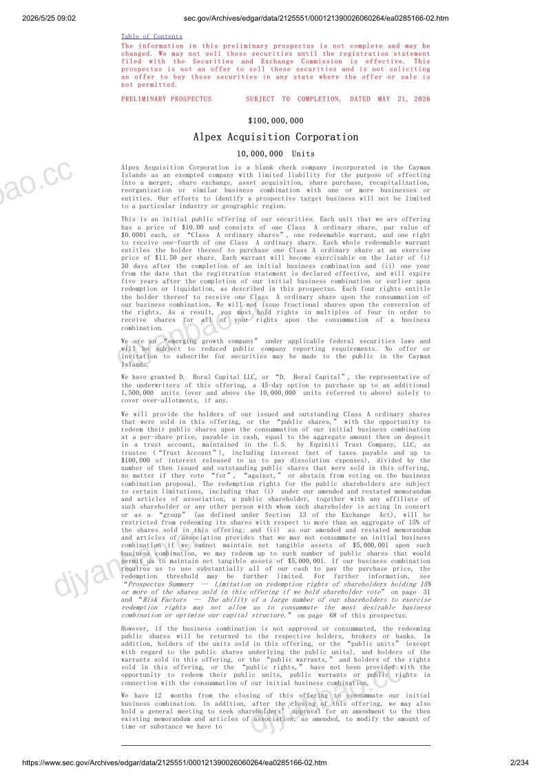 Alpex Acquisition Corp 美股招股说明书 S-1（2026-05-22修订版）（英文版） 第2页