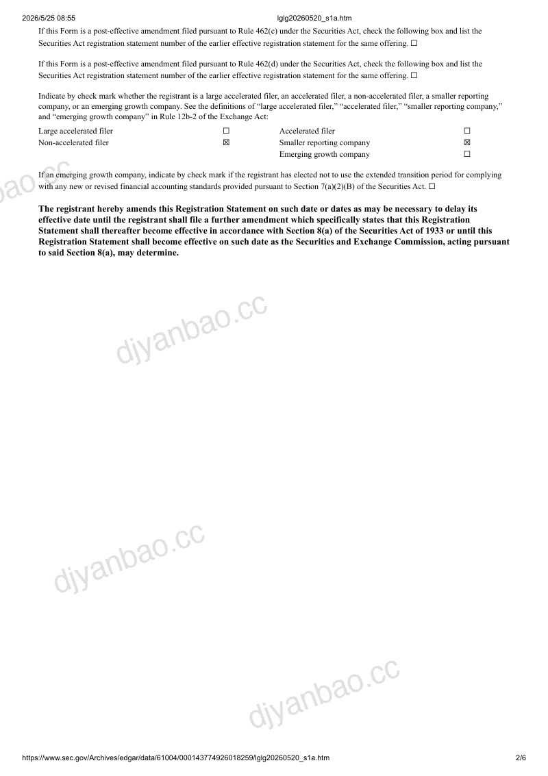 LGL GROUP INC(LGL)美股招股说明书 S-1(2026-05-22修订版)(英文版) 第2页