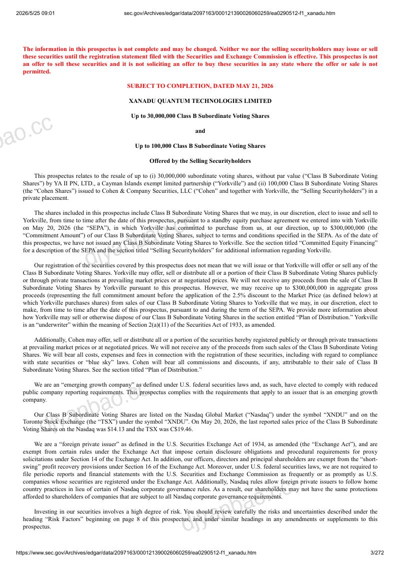 Xanadu Quantum Technologies Ltd（XNDU）美股招股说明书 F-1（2026-05-22首版）（英文版） 第3页