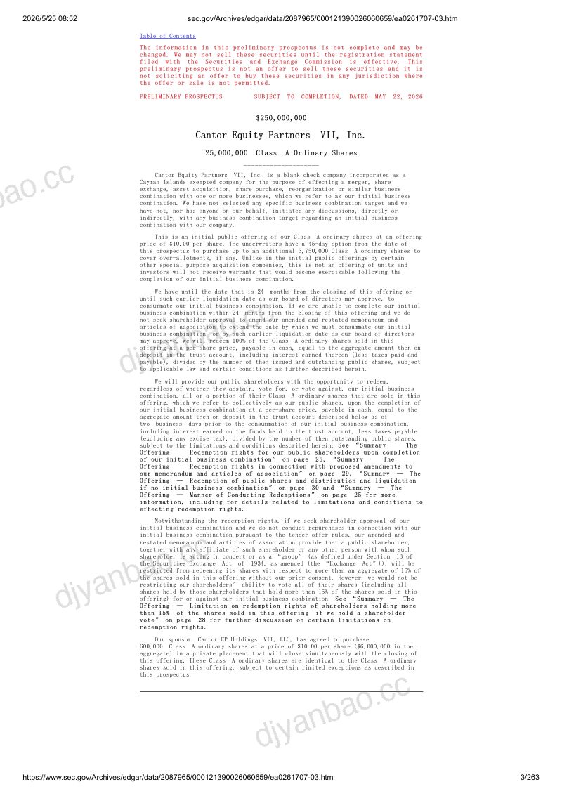 Cantor Equity Partners VII, Inc 美股招股说明书 S-1(2026-05-22首版)(英文版) 第3页