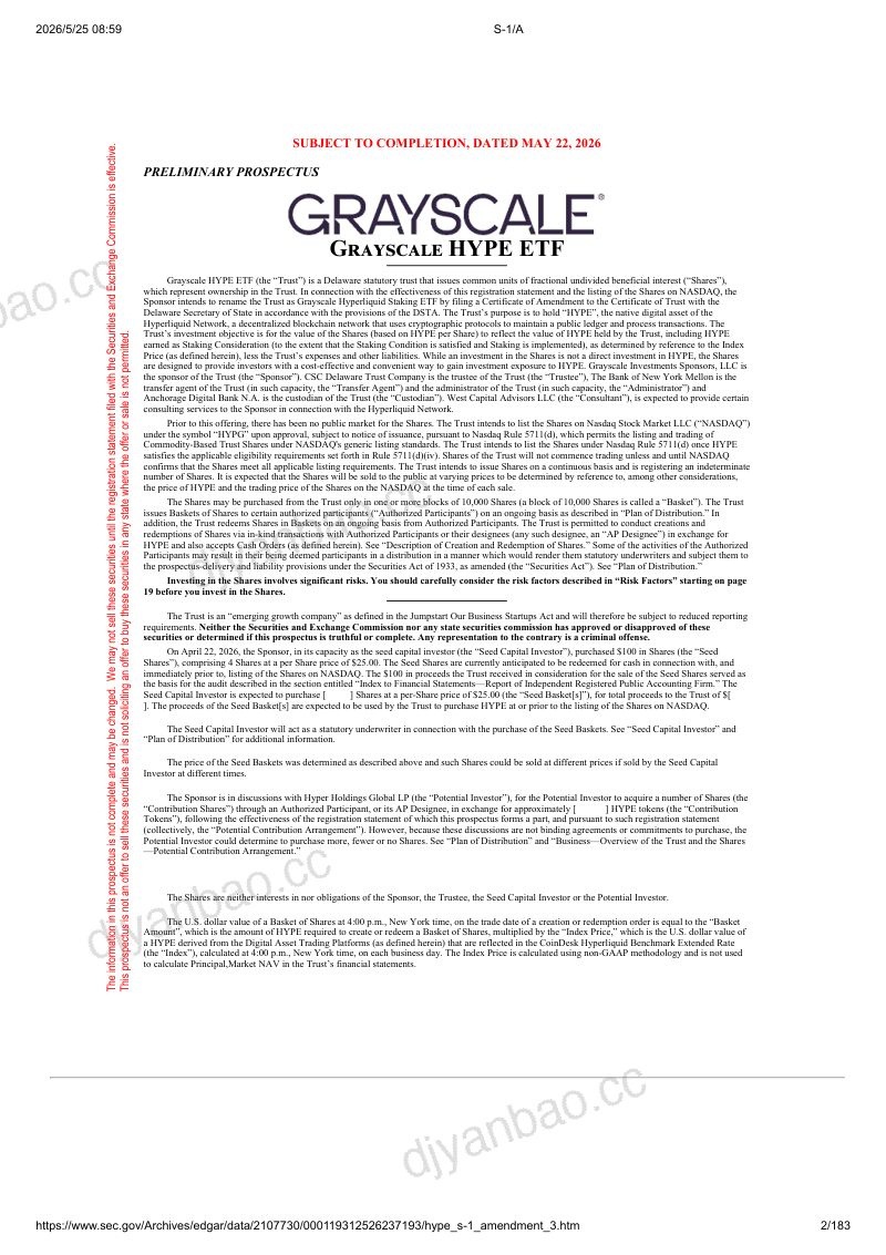 Grayscale HYPE ETF(GHYP)美股招股说明书 S-1(2026-05-22修订版)(英文版) 第2页