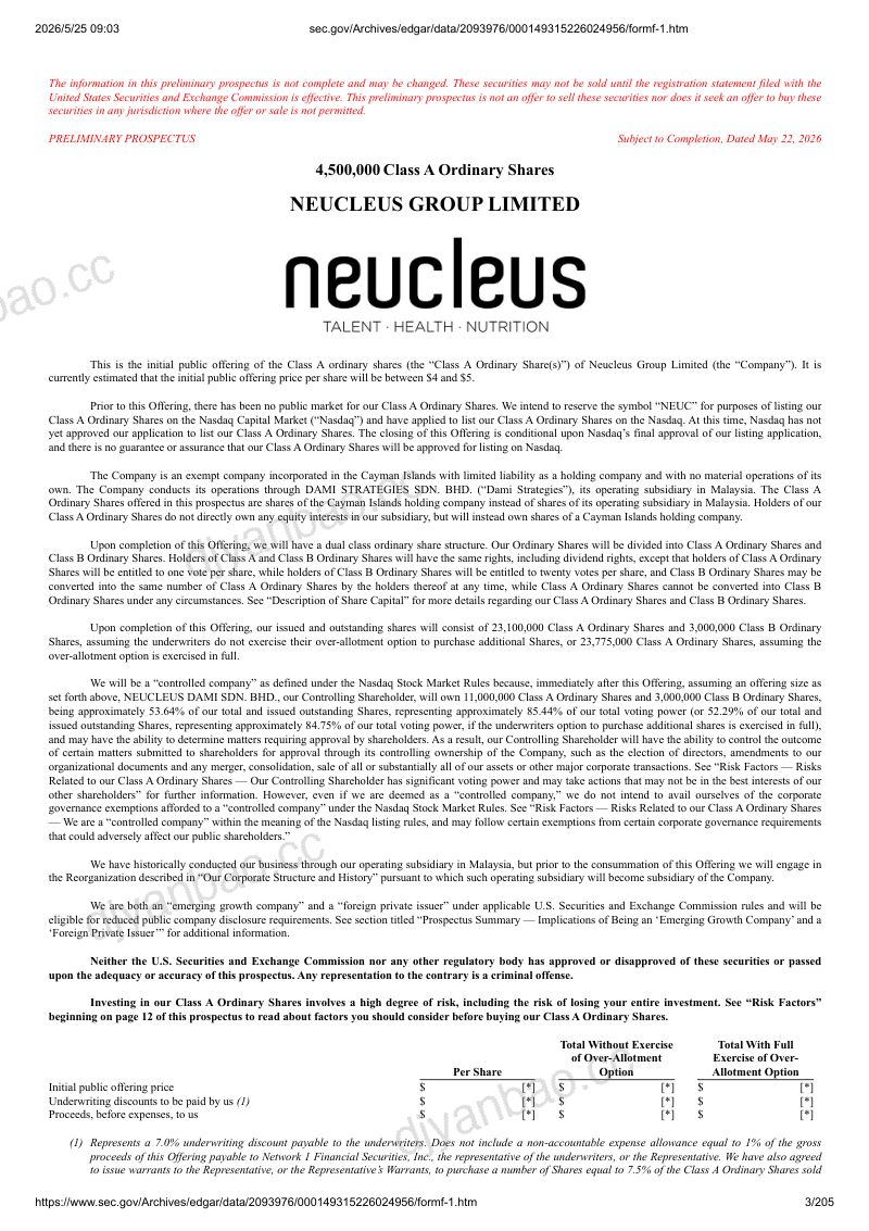 Neucleus Group Ltd 美股招股说明书 F-1(2026-05-22首版)(英文版) 第3页
