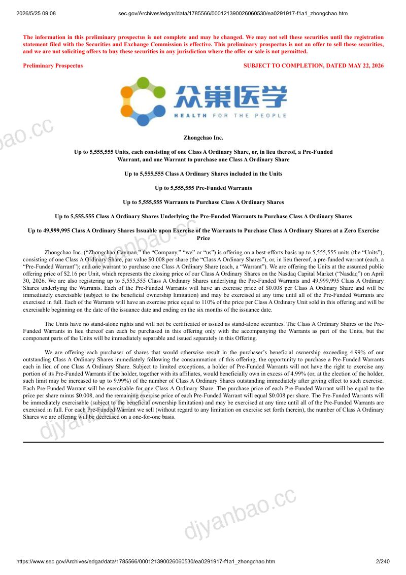 Zhongchao Inc（ZCMD）美股招股说明书 F-1（2026-05-22修订版）（英文版） 第2页