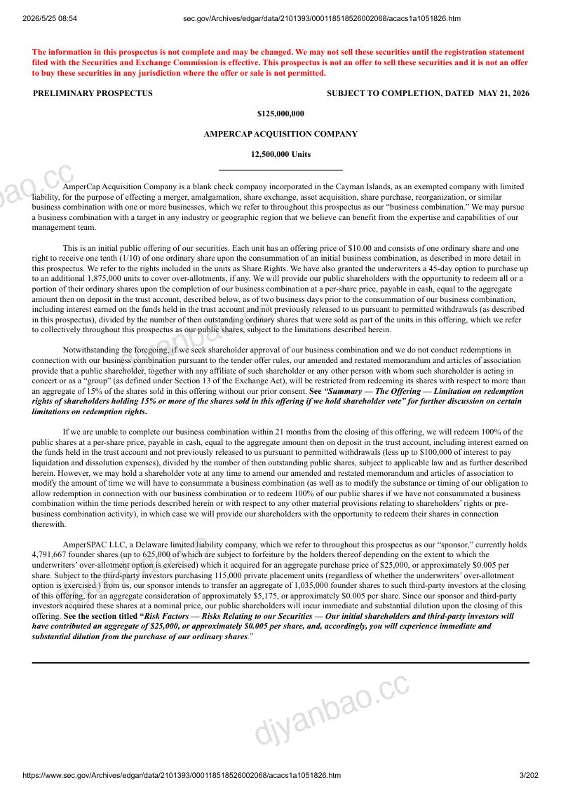 AmperCap Acquisition Co（APMC）美股招股说明书 S-1（2026-05-22修订版）（英文版） 第3页