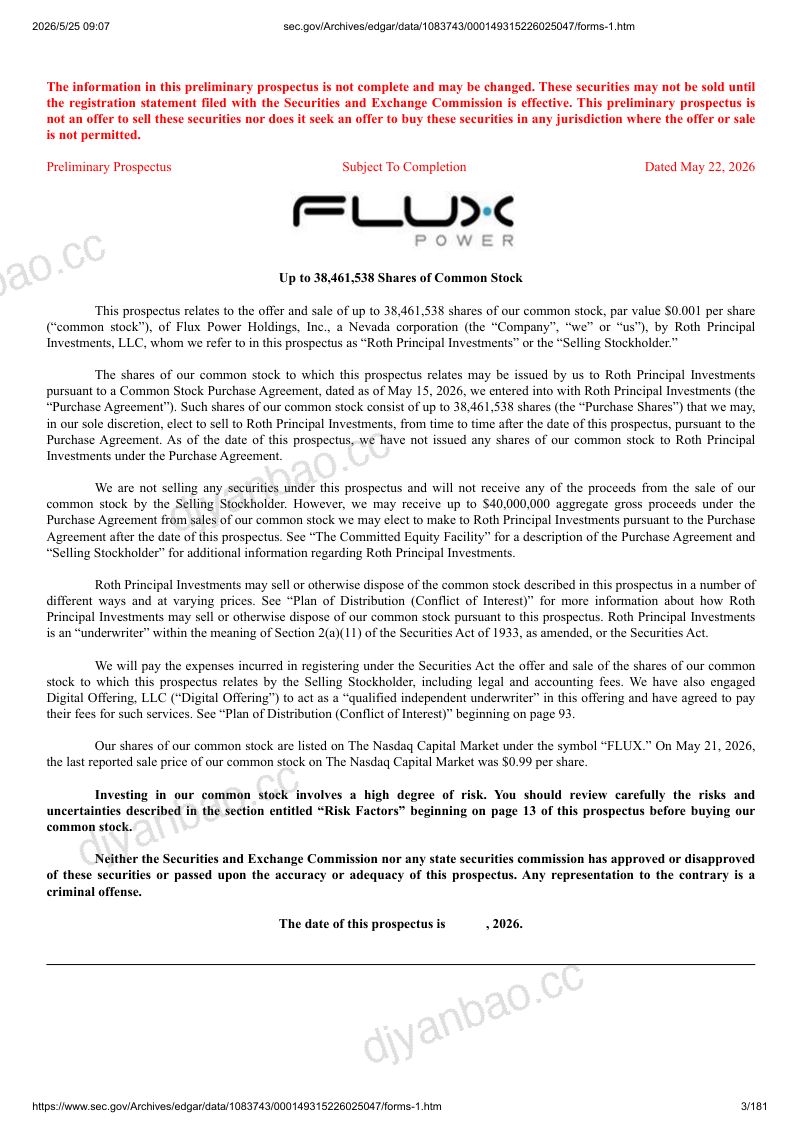 Flux Power Holdings, Inc(FLUX)美股招股说明书 S-1(2026-05-22首版)(英文版) 第3页