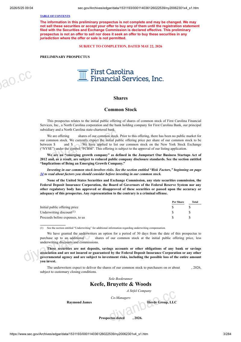 First Carolina Financial Services, Inc 美股招股说明书 S-1（2026-05-22首版）（英文版） 第3页