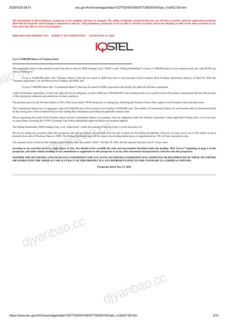 iQSTEL Inc（IQST）美股招股说明书 S-1（2026-05-22首版）（英文版） 第2页