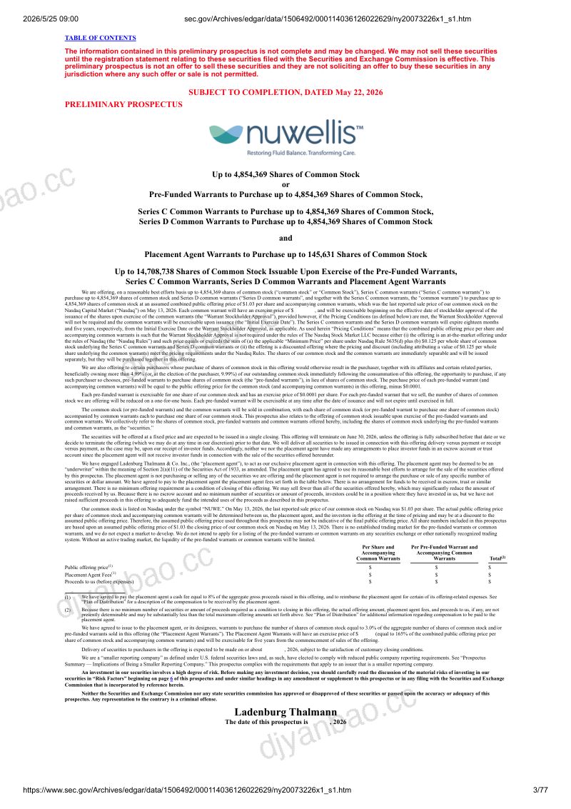 Nuwellis, Inc（NUWE）美股招股说明书 S-1（2026-05-22首版）（英文版） 第3页