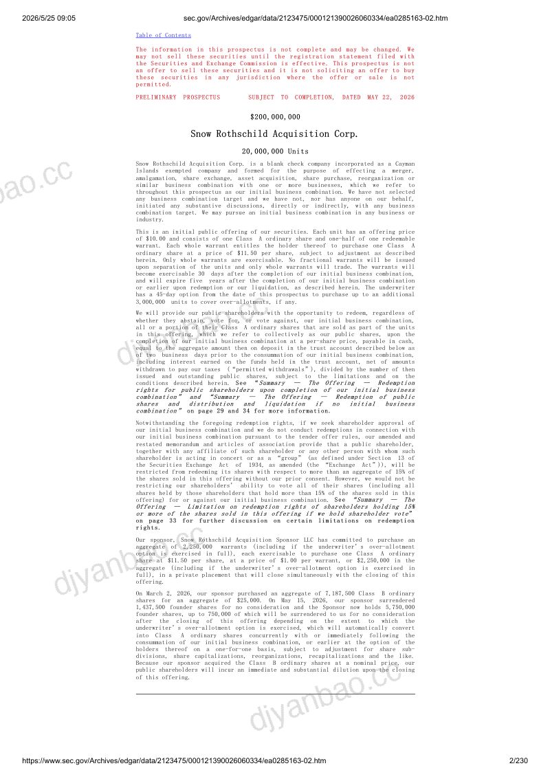 Snow Rothschild Acquisition Corp 美股招股说明书 S-1（2026-05-22首版）（英文版） 第2页