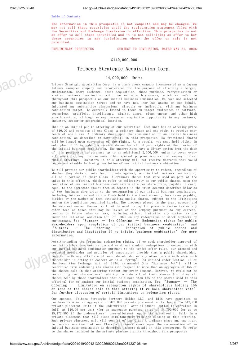 Tribeca Strategic Acquisition Corp（BID）美股招股说明书 S-1（2026-05-22修订版）（英文版） 第3页