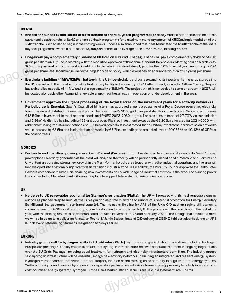 BERNSTEIN FLASHMAIL 2026年6月25日欧洲公用事业与清洁能源 第2页