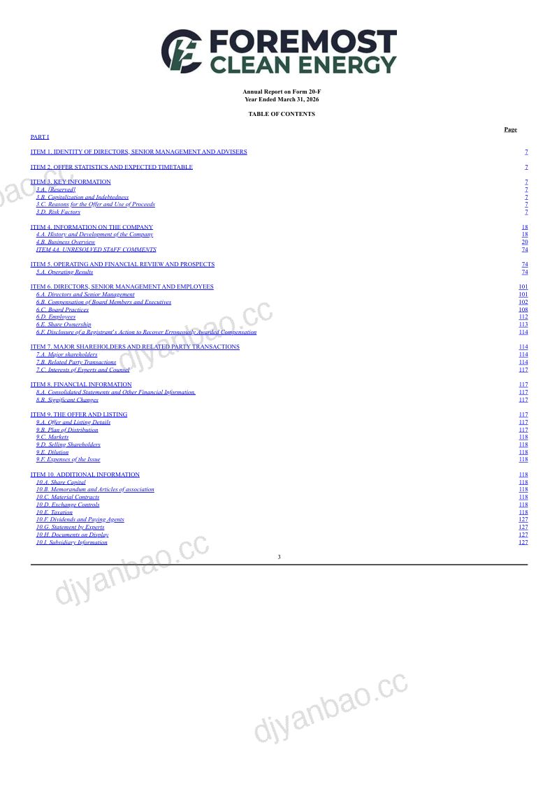 Foremost Clean Energy Ltd 2026年年度报告和过渡报告 第3页