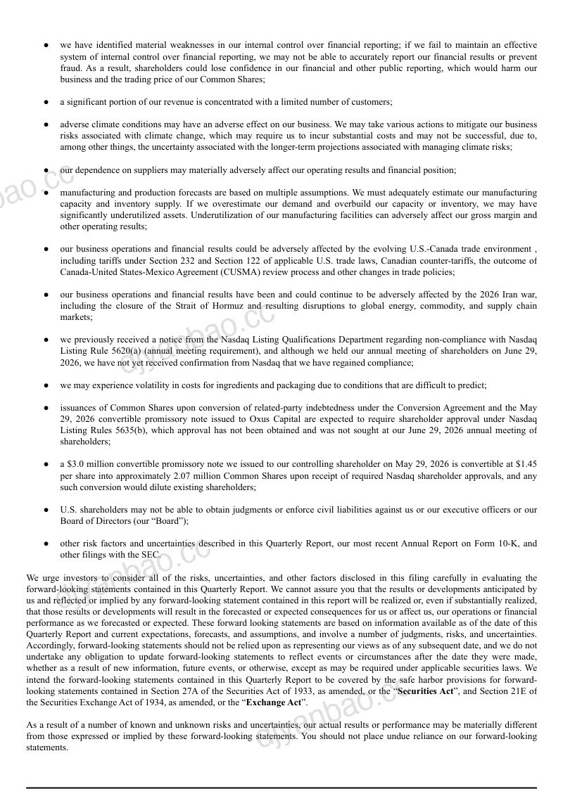 Borealis Foods Inc 2026年季度报告 第3页