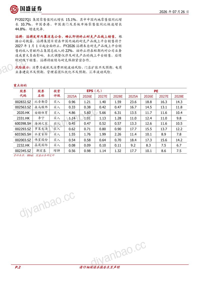 纺织服饰周专题:2026Q2纺服持仓比例下降,处于历史低位 第2页