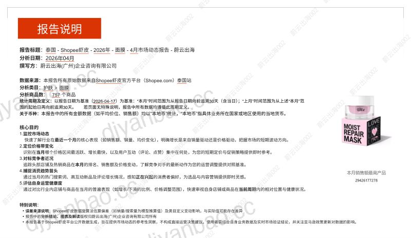 泰国Shopee虾皮2026年面膜4月市场动态报告 第2页