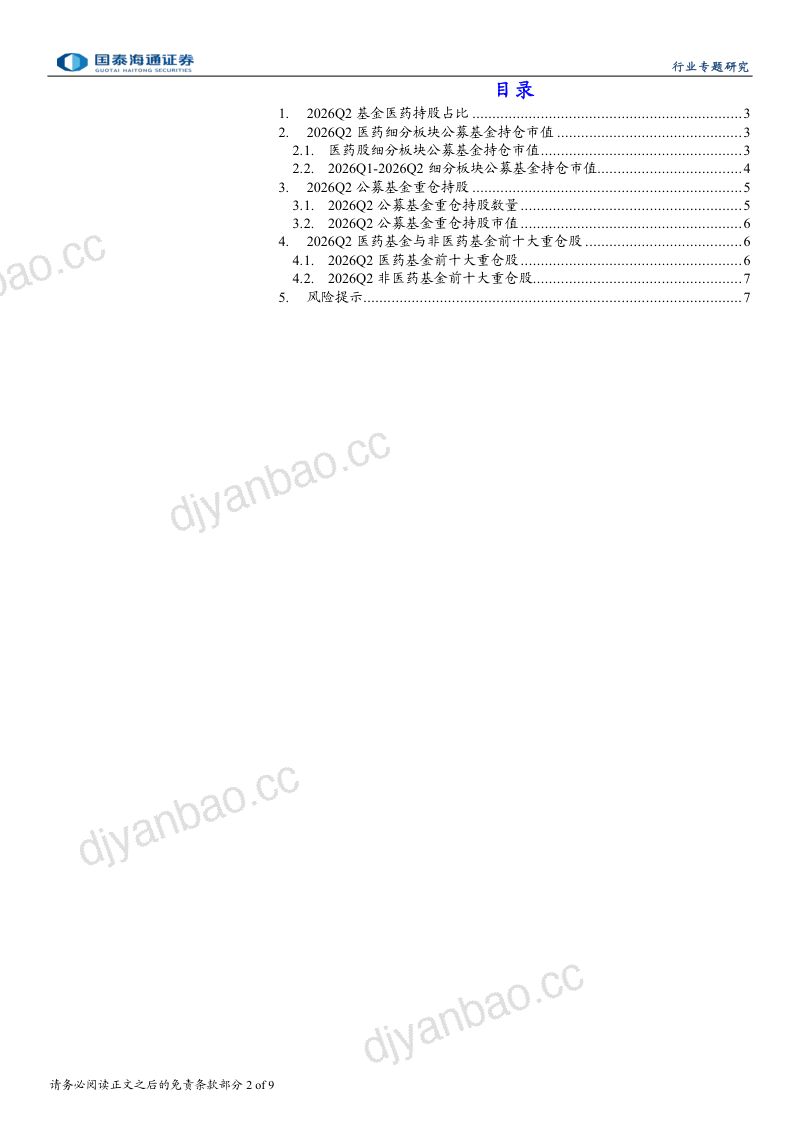 医药行业2026Q2公募基金持仓分析 第2页