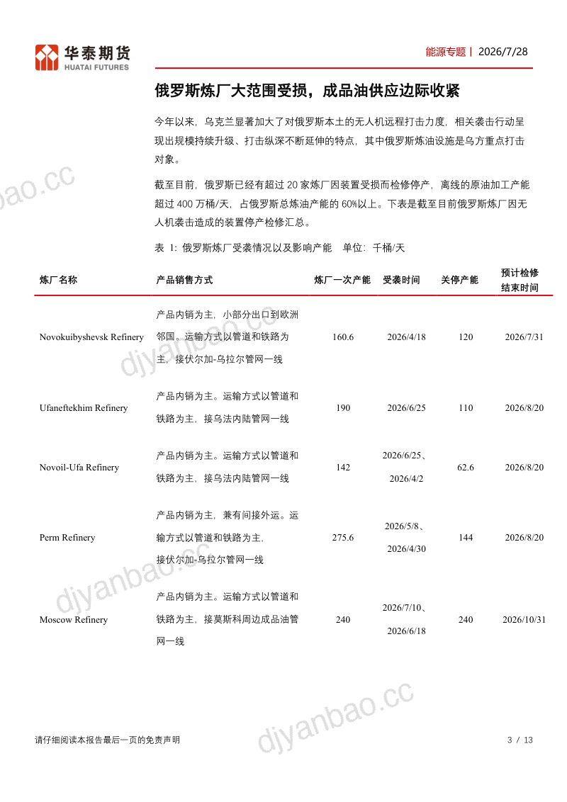 俄罗斯炼厂困境收紧成品油供应，关注未来恢复节奏 第3页