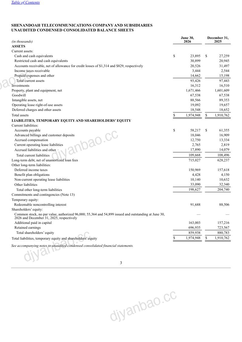 Shenandoah Telecommunications Co 2026年季度报告 第3页