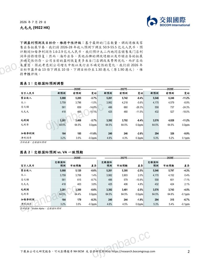 2026上半年业绩预览：太二修复延续，但盈利改善节奏偏缓；下调目标价 第2页