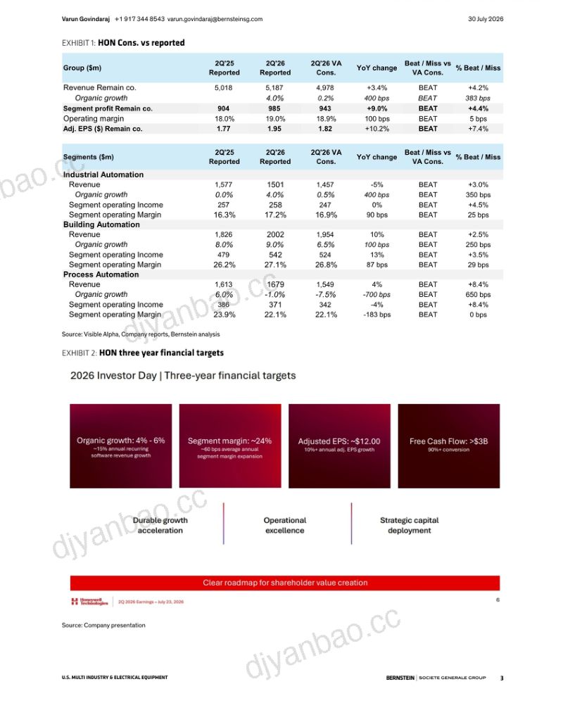 霍尼韦尔国际公司2Q26财报后调研：“验证”故事可信度提升，目标价上调至264美元 第3页