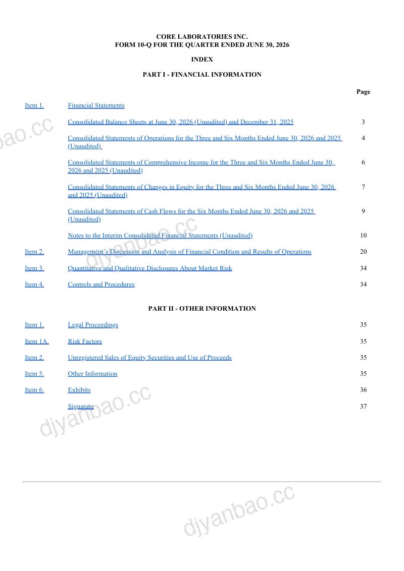 Core Laboratories Inc 2026年季度报告 第2页