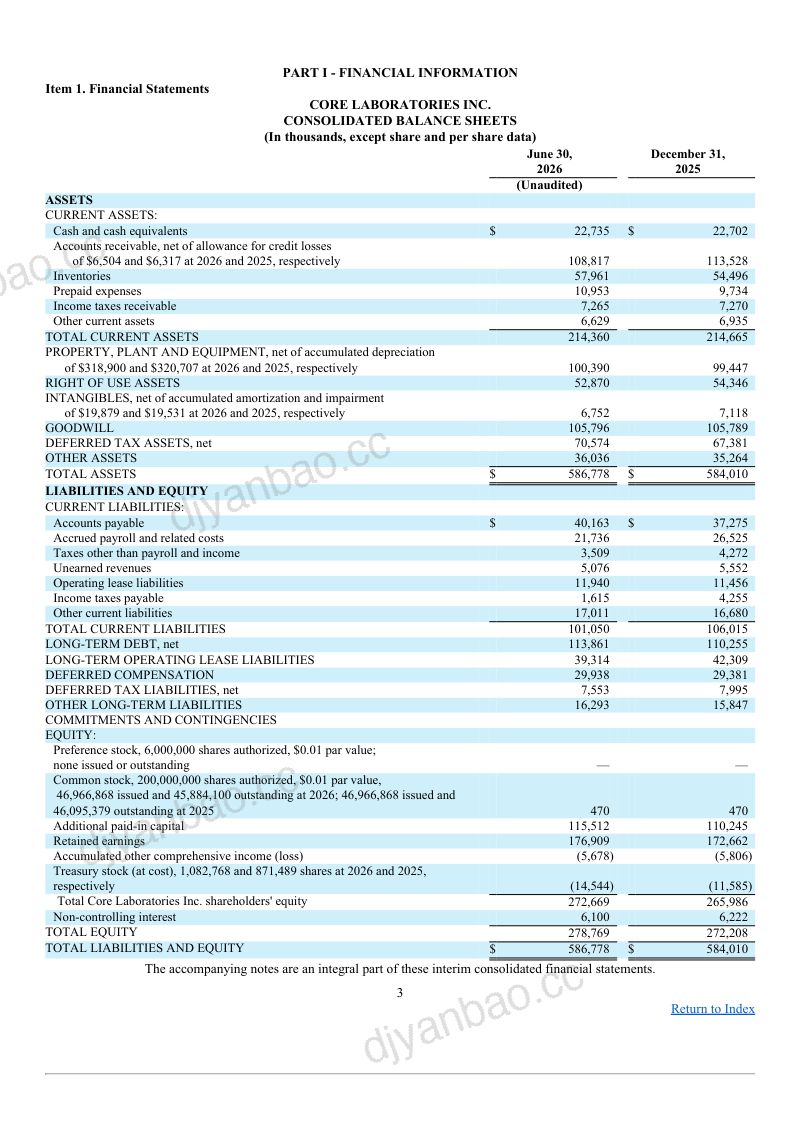 Core Laboratories Inc 2026年季度报告 第3页