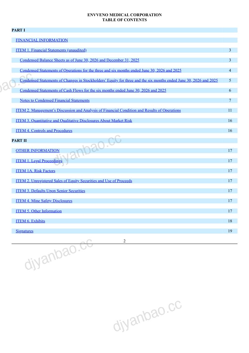 enVVeno Medical Corp 2026年季度报告 第2页