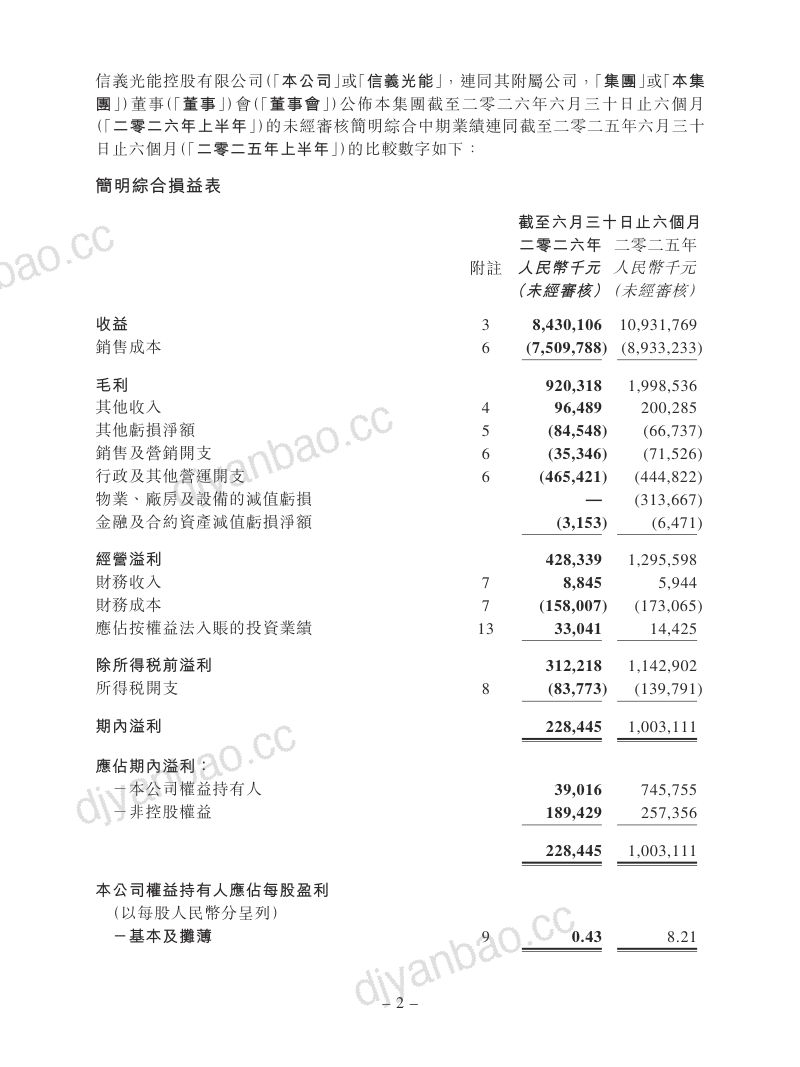 信义光能：截至二零二六年六月三十日止六个月的中期业绩公告 第2页