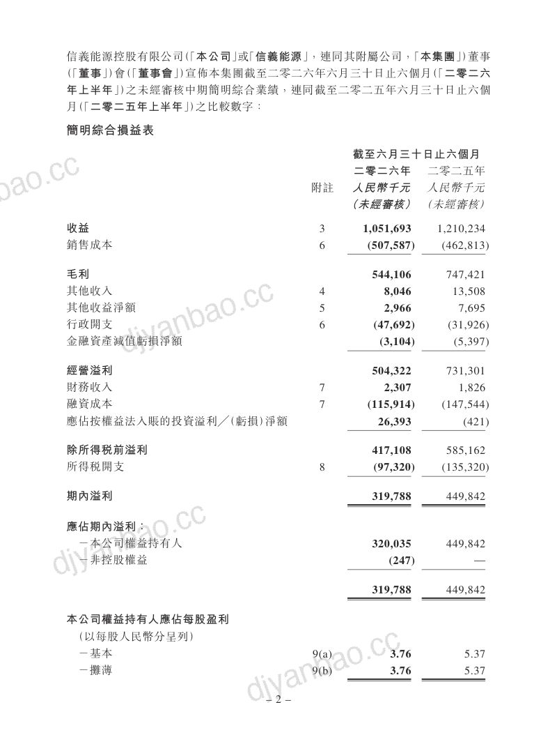 信义能源:截至二零二六年六月三十日止六个月中期业绩公告 第2页