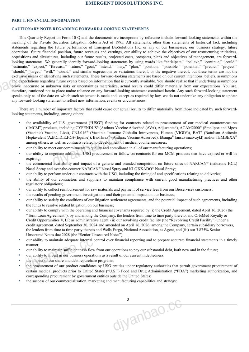Emergent BioSolutions Inc 2026年季度报告 第3页