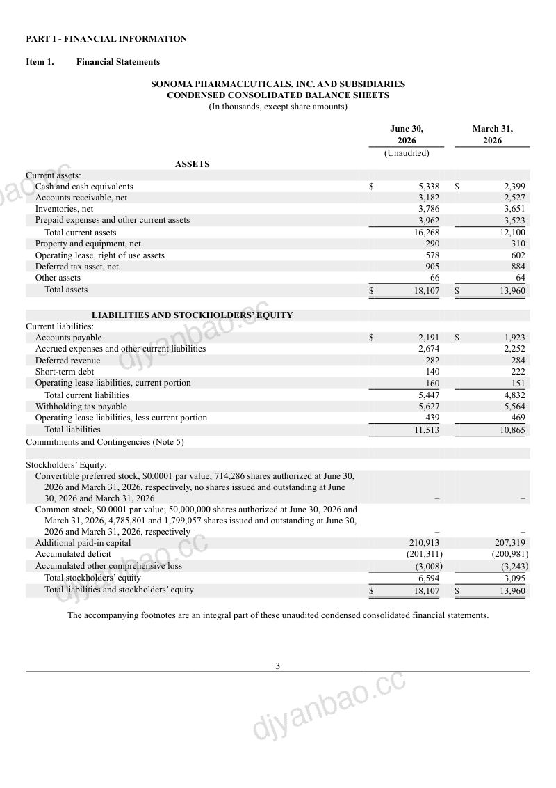 Sonoma Pharmaceuticals Inc 2026年季度报告 第3页