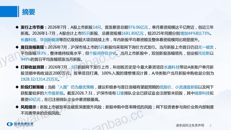2026年7月A股IPO月度数据分析报告 第2页