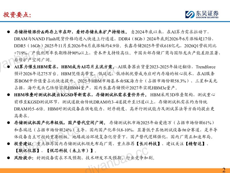 【东吴证券】:存储测试机专题:AI算力催生HBM带动测试机新需求,国产设备商加速突破 第2页