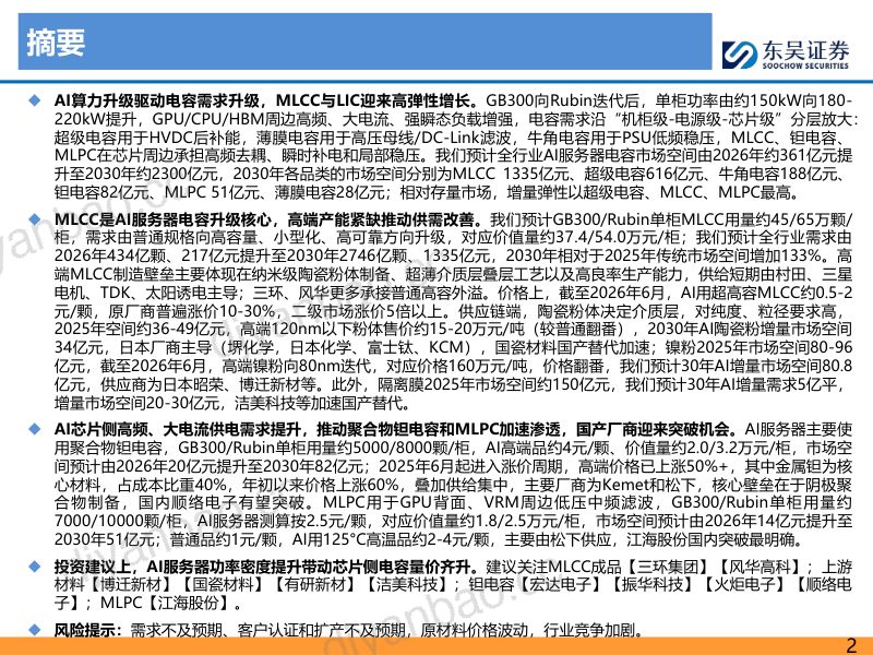 【东吴证券】：AI服务器电容研究系列一：芯片侧供电升级，MLCC量价弹性先行 第2页