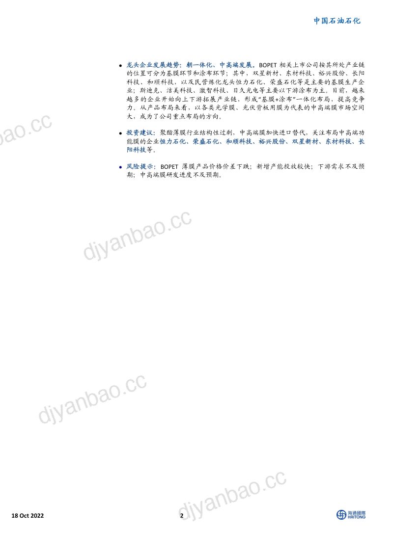 石油石化行业专题报告聚酯薄膜中高端膜加快进口替代-22101831页 第2页