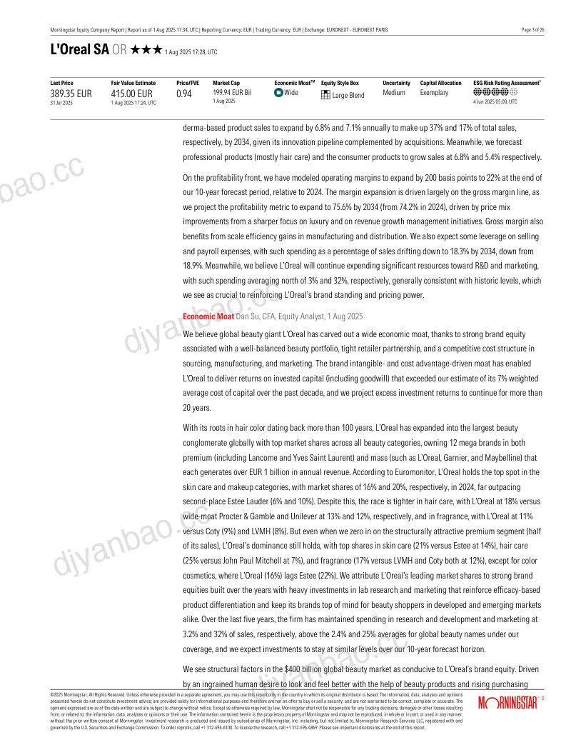 晨星欧莱雅OR.FP-法股公司研究宽护城河优势加持凭借顶级品牌及全美妆品类创新拓展业务-250801英文版26页 第3页