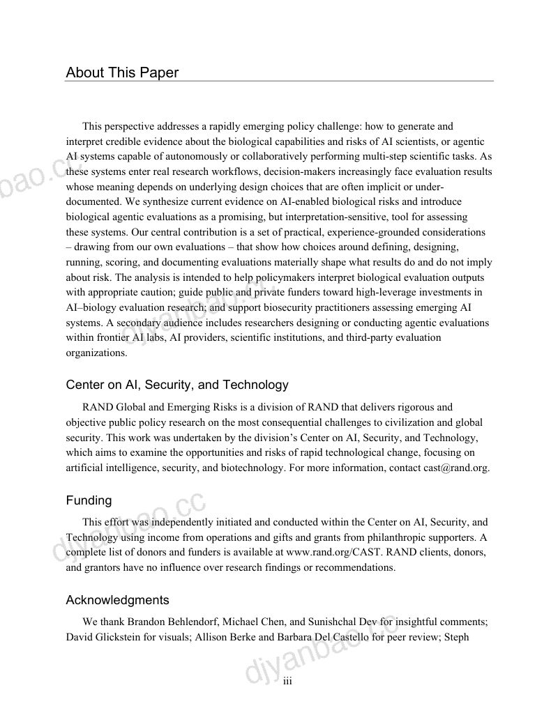 兰德公司:2026衡量AI智能体的生物能力与风险:基于智能体评估的证据生成与解读研究报告(英文版)(33页) 第3页